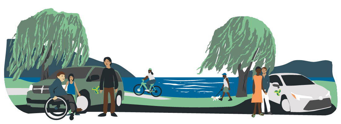 Illustration showing two carshare cars near Cayuga Lake