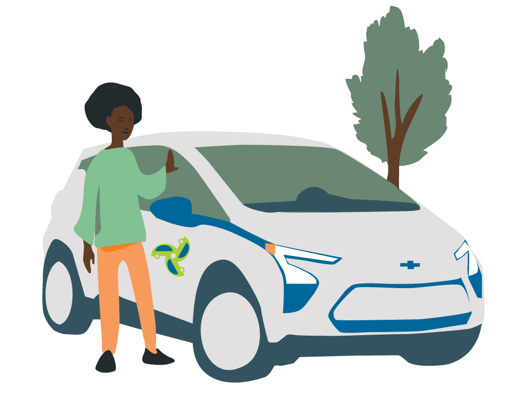 Illustration of a person standing next to a carshare car with a tree in the background