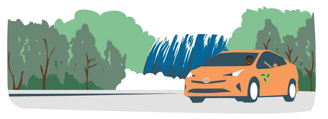 Illustration of an orange carshare car in front of a waterfall